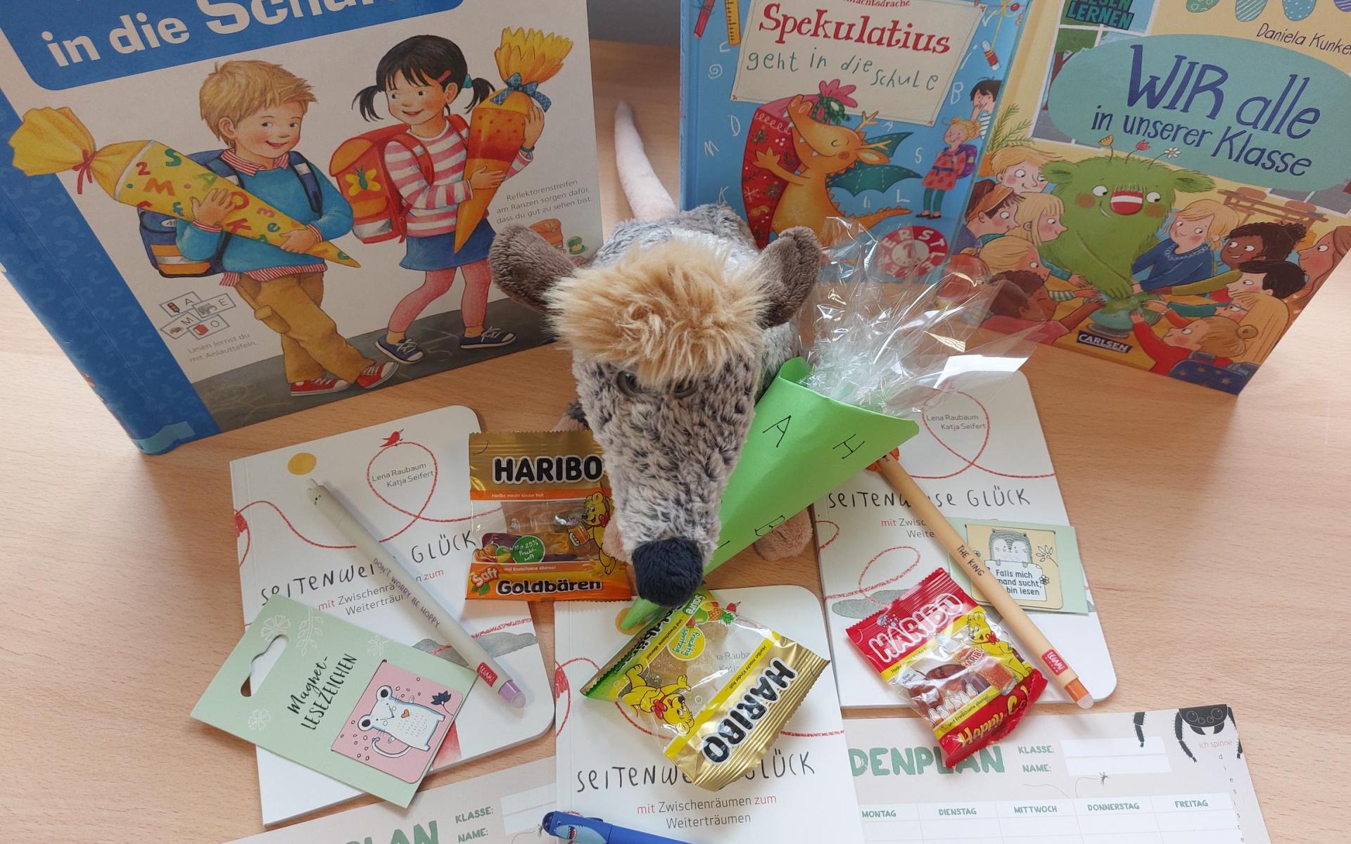 Bücher mit Plüschmaus und Stiften